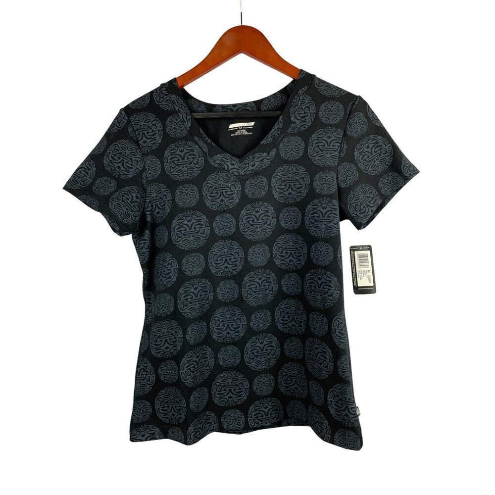 Jockey Womens Sport T-Shirt Medium V-Neck Deep Black Print 92% Cotton 8% Spandex